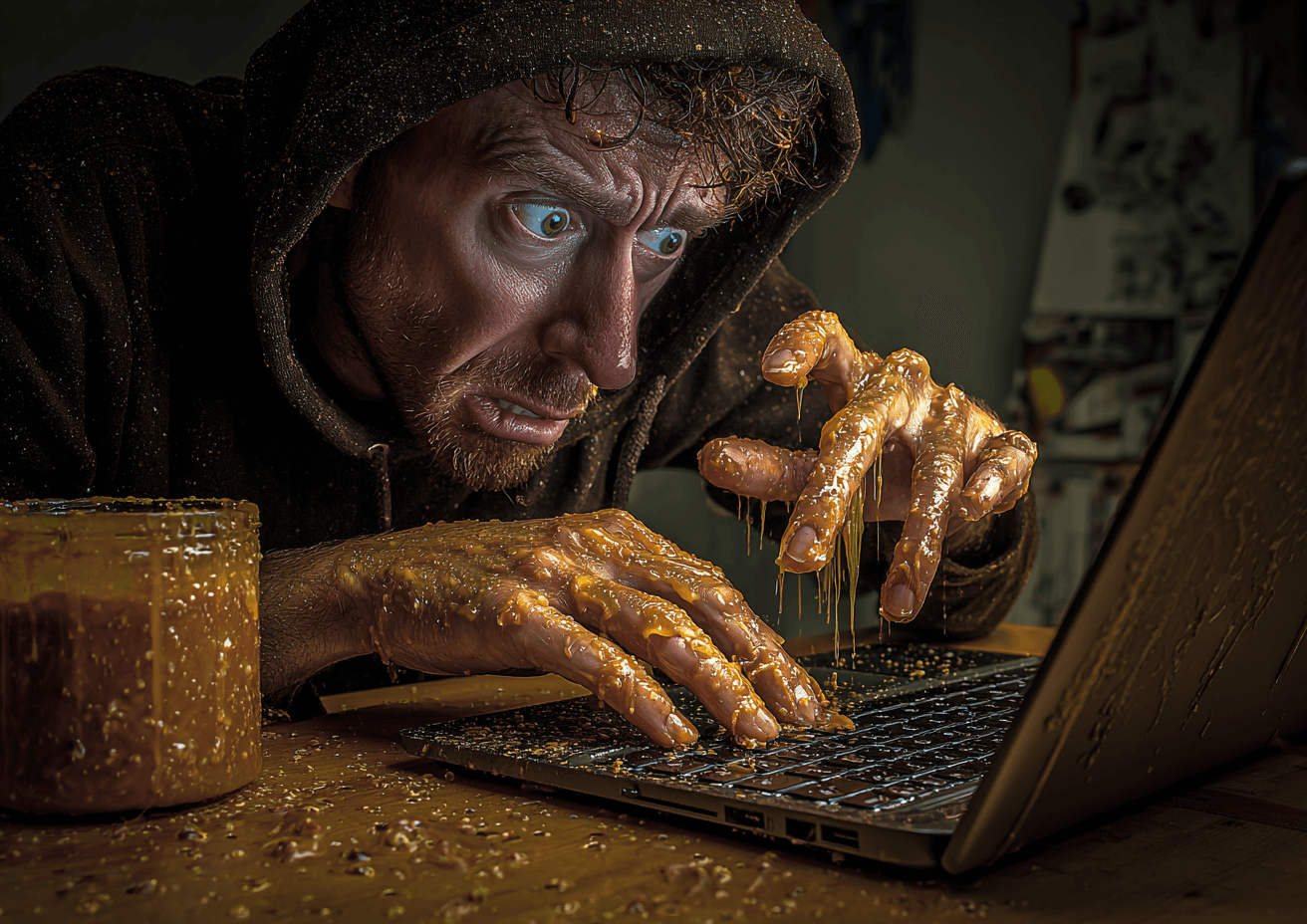 A creepy spammer in a hoodie stuck in a large honey pot, his laptop partially covered in dripping honey.